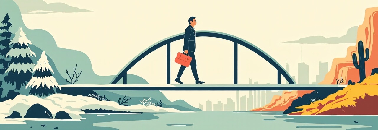 A professional with a briefcase walks across a bridge from snowy pines and desert toward a U.S. city.